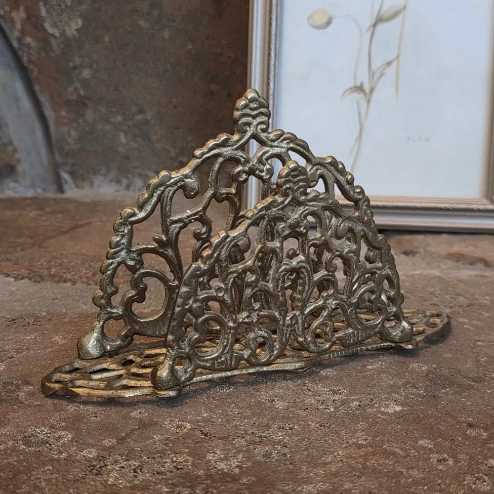 Vintage Brass Napkin Holder Ornate Filigree Letter Sorter Cast Metal Gold Tone